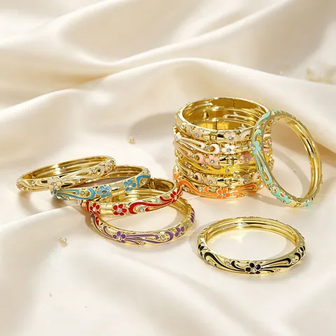 Bracciale Rigido Cloisonne Vintage da Donna in Smalto Colorato con Fiori e Foglie con Strass in Lega Bracciale a Cerniera