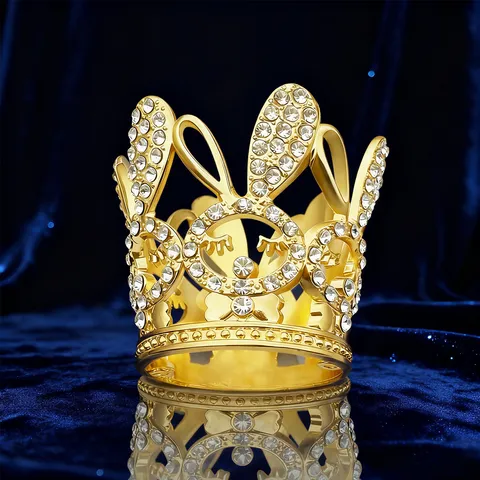 Mini Corona de Aleación con Diamantes de Imitación de Orejas de Conejo para Niños Decoración de Pastel de Cumpleaños Dorado Plateado