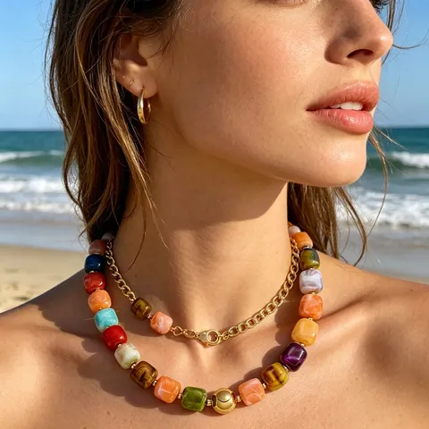 Collana di Perline in Resina Contrasto di Colore Ciondolo a Cuore Choker per Donna Gioielli da Spiaggia Bohemien Fatto a Mano