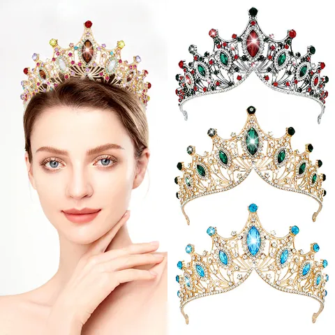 Baroque Luxury Alloy Rhinestone Bridal Crown Vintage Palace Style Wedding Tiara Colorful Crystal Queen Headpiece For Women Party Accessory