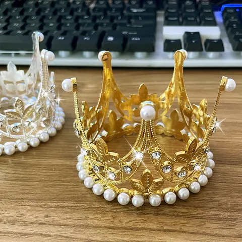 Golden Silver Alloy Leaf Shape Crown Pearl Cake Topper Rhinestone Tiara Baking Decoration For Birthday Party Ornament