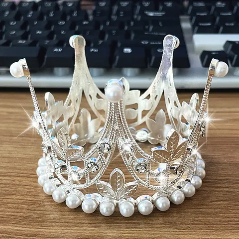 Golden Silver Alloy Leaf Shape Crown Pearl Cake Topper Rhinestone Tiara Baking Decoration For Birthday Party Ornament