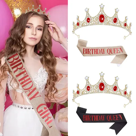Set Corona e Fascia Compleanno Queen Lega Strass Cristallo Tiara Birthday Girl Fascia Decorazione Festa Compleanno Donna Regalo