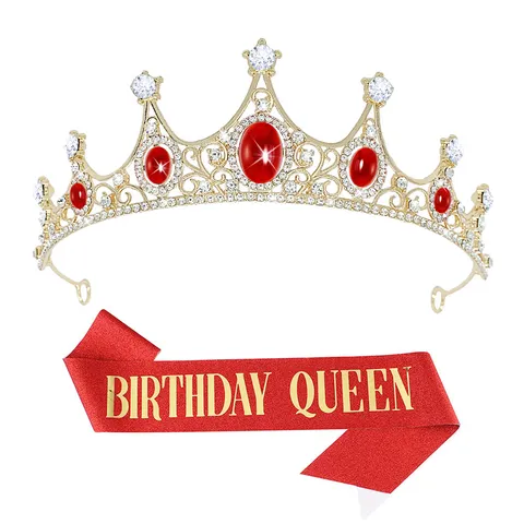 Set Corona e Fascia Compleanno Queen Lega Strass Cristallo Tiara Birthday Girl Fascia Decorazione Festa Compleanno Donna Regalo