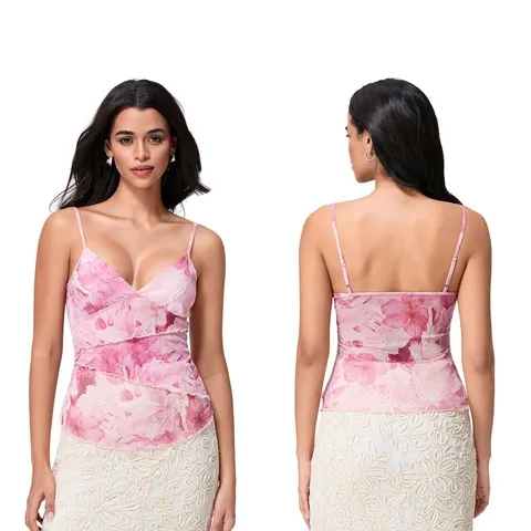 Women's Sexy V-Neck Slim Fit Camisole Polyester Tie-Dye Floral Print Sleeveless Tank Top Summer Fashion Streetwear