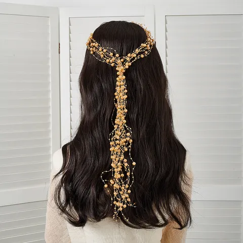 Elegante Fascia per Capelli con Perle Artificiali Tessuta a Mano Copricapo da Sposa a Più Strati con Nappe per Matrimonio Accessori per Capelli Donna
