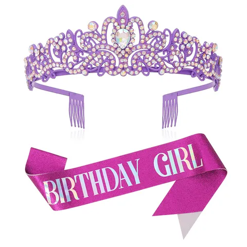 Set di Decorazioni per Feste di Compleanno Cangiante Corona con Strass Fascia Fusciacca di Raso Accessori per Anniversario