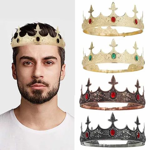 Vintage Royal Court Metal Crown Headpiece for Men Unisex Retro King Prince Imperial Crown Rhinestone Hair Ornaments Birthday Wedding Prom Party Costume Props
