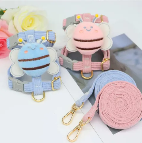 Cute Cartoon Bee Pet Harness And Leash Set Soft Corduroy Breathable Vest Leashes For Small Dogs And Cats Walking Pet Supplies
