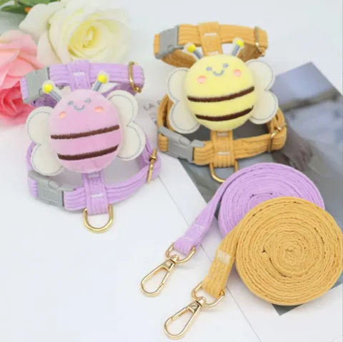 Cute Cartoon Bee Pet Harness And Leash Set Soft Corduroy Breathable Vest Leashes For Small Dogs And Cats Walking Pet Supplies
