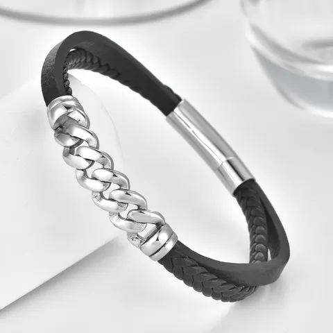 Pulsera Trenzada de Cuero Genuino para Hombre Multicapa Acero Inoxidable Cordón Negro Brazalete Joyería Regalo
