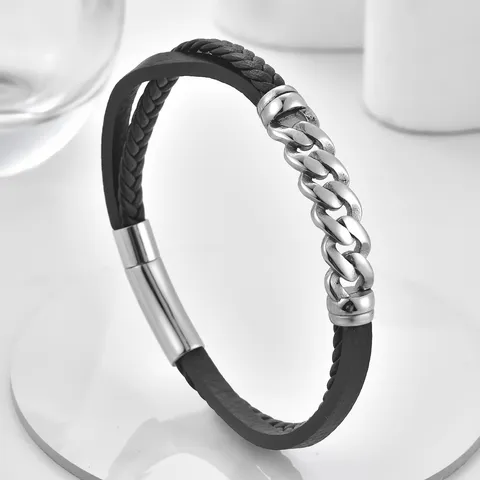 Pulsera Trenzada de Cuero Genuino para Hombre Multicapa Acero Inoxidable Cordón Negro Brazalete Joyería Regalo