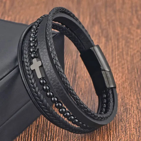 Herren Mehrschichtig Geflochtenes Lederarmband Edelstahl Kreuz Magnetverschluss Mode Punk Armband Schmuck Geschenk