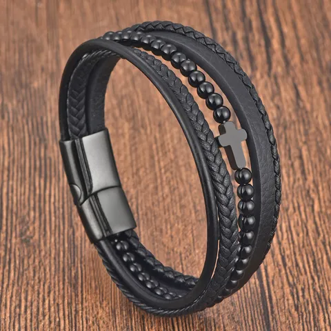 Herren Mehrschichtig Geflochtenes Lederarmband Edelstahl Kreuz Magnetverschluss Mode Punk Armband Schmuck Geschenk