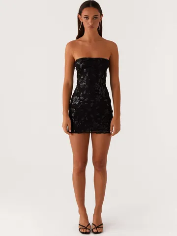 Women Sexy Strapless Sequin Bodycon Mini Dress Summer Party Clubwear Tube Top Floral Embroidered Short Dress