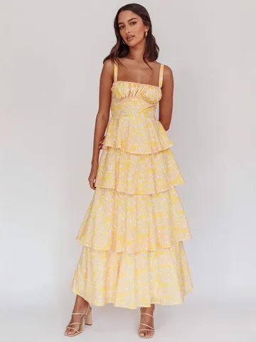 Women's Summer Casual Floral Printed Long Dress Sleeveless Square Neck Tiered Maxi Dress