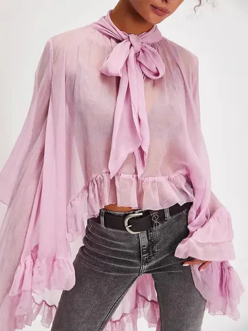 Women Casual Long Sleeve Lantern Sleeve V Neck Ruffled Irregular Hem Chiffon Blouse