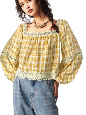 Blouse à Carreaux Manches Longues pour Femmes Col Carré Garniture en Dentelle Manche Lanterne Casual Pullover Joli Haut de Chemise