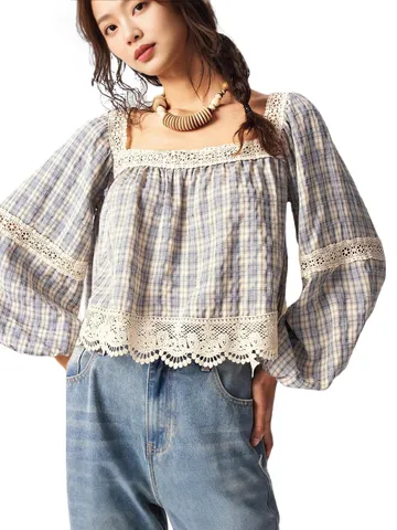 Blouse à Carreaux Manches Longues pour Femmes Col Carré Garniture en Dentelle Manche Lanterne Casual Pullover Joli Haut de Chemise