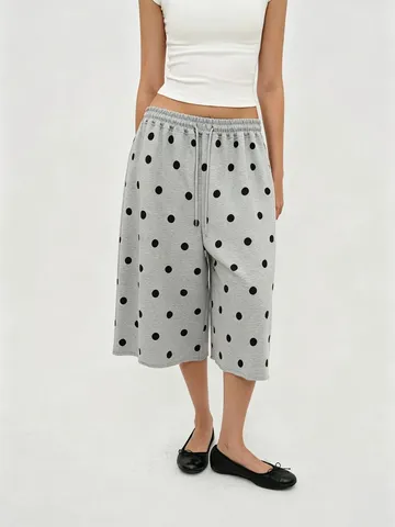 Women's Casual American Retro Drawstring Loose Wide Leg 7-Point Pants Solid Color Polka Dot Summer Trousers
