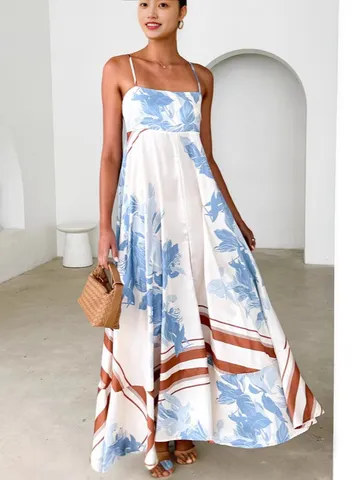 Women Summer Casual Floral Printed Backless Spaghetti Strap High Waist Maxi Dress Elegant Resort Long Dress