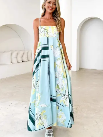 Women Summer Casual Floral Printed Backless Spaghetti Strap High Waist Maxi Dress Elegant Resort Long Dress