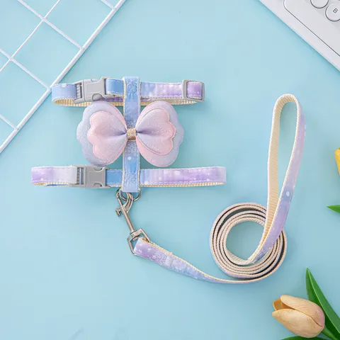 Lindo Arnés y Correa para Gato con Lazo Color Degradado Tela Suave Correa de Pecho para Caminar de Mascota Pequeño Collar de Perro Suministros para Mascotas