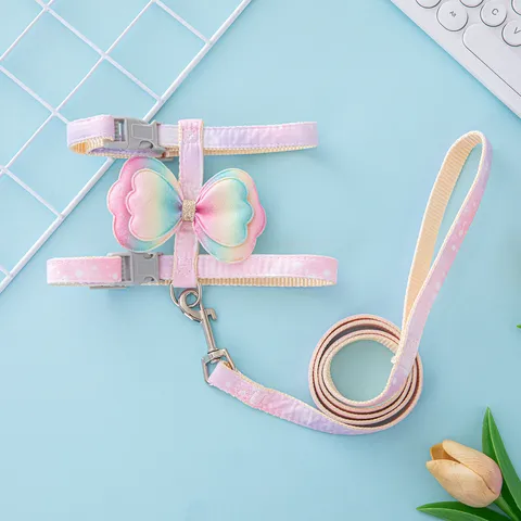 Lindo Arnés y Correa para Gato con Lazo Color Degradado Tela Suave Correa de Pecho para Caminar de Mascota Pequeño Collar de Perro Suministros para Mascotas