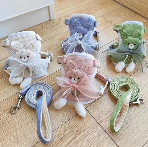 Pet Harness and Leash Set Cute Cartoon Animal Waffle Knit Vest Style Small Dogs Cats Walking Lead Pet Supplies