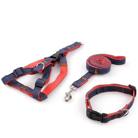 Denim Arnés Y Correa Para Perro Conjunto Chaleco Ajustable Collares Duraderos Suministros De Paseo Y Entrenamiento Para Mascotas