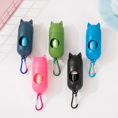Distributeur Portable de Sacs à Déjections pour Animaux Forme Mignonne de Tête de Chat Porte-Sac avec Mousqueton en Métal pour Chiens Chats Promenade en Plein Air