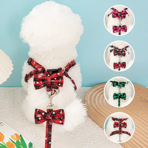 Christmas Snowflake Plaid Pet Dog Leash And Harness Set Cute Bowknot Nylon Traction Rope For Small Dogs Cats Walking