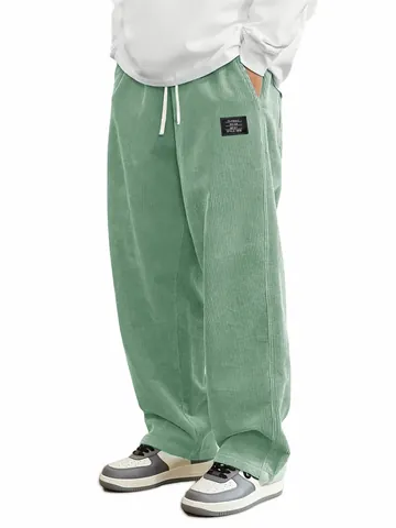 Men Casual Corduroy Pants Loose Fit Spring Autumn Drawstring Straight Leg Polyester Trousers Retro Solid Color Fashion Bottoms