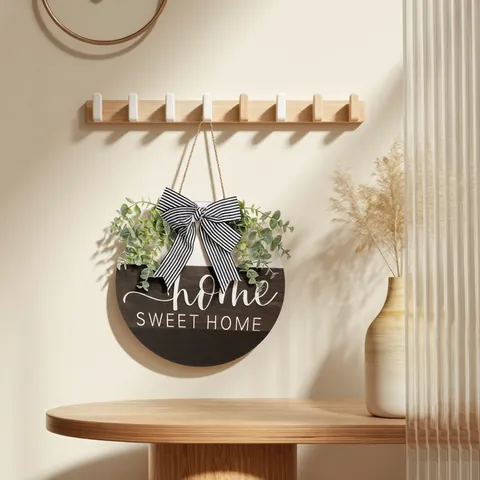 Letrero De Puerta Redondo De Madera Corona De Bienvenida Con Eucalipto Artificial Lazo Rayado Home Sweet Home Decoración