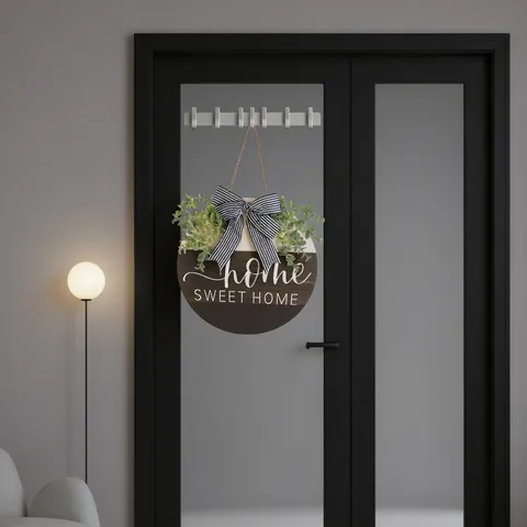 Letrero De Puerta Redondo De Madera Corona De Bienvenida Con Eucalipto Artificial Lazo Rayado Home Sweet Home Decoración