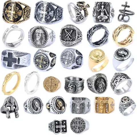 Anillo Punk Religioso Vintage de Acero Inoxidable para Hombre Mujer Gótico Cruz de Jesús San Benito Joyería Biker Regalo