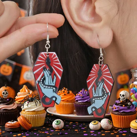 Halloween Gothic Coffin Acrylic Earrings With Rose Snake Skull Pattern Dark Style Double Sided Print Drop Earrings For Women Jewelry Gift
