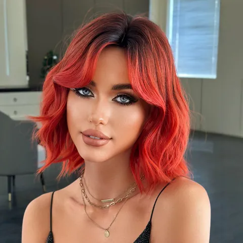 Ombre Wavy Bob Wig For Women Heat Resistant Synthetic Fiber Short Wavy Hair With Bangs Natural Looking For Daily Party Use Hairpiece