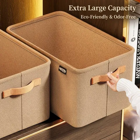 Foldable Clothing Storage Bin Fabric Wardrobe Organizer Basket With Steel Frame Leather Trim Large Capacity For Clothes
