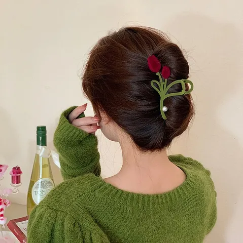 Koreanischer Stil Samt Tulpe Haarkralle Mit Künstlicher Perle Legierung Galvanisiert Große Haarklammer Herbst Winter Haarschmuck Für Damen Dekorativer Kopfschmuck