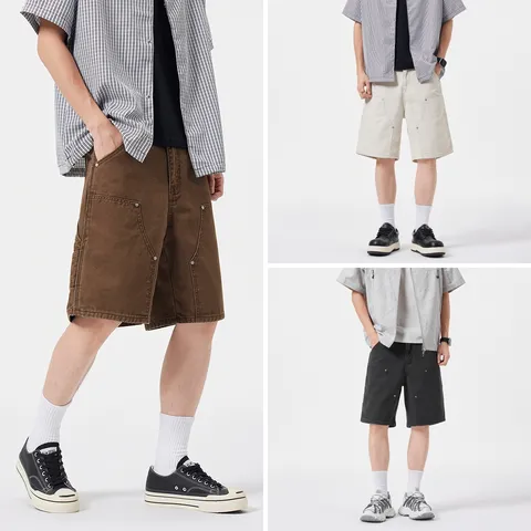 Pantalones Cortos Cargo Casuales Pesados para Hombre Holgados Pata Derecha Multi Bolsillos Color Sólido Denim Shorts Bottom para Verano Diario