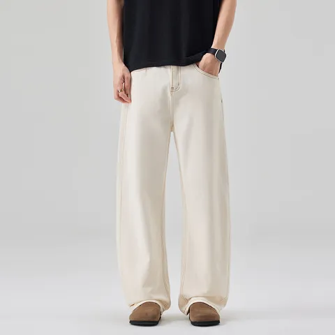 Jean Denim Large Homme Décontracté Ample Pantalon Droit Streetwear Couleur Unie Blanc Crème Mode Bas Pantalons