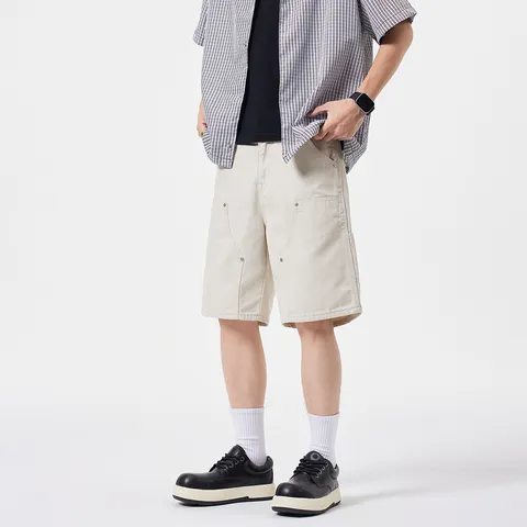 Pantalones Cortos Cargo Casuales Pesados para Hombre Holgados Pata Derecha Multi Bolsillos Color Sólido Denim Shorts Bottom para Verano Diario