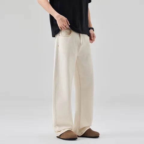 Jean Denim Large Homme Décontracté Ample Pantalon Droit Streetwear Couleur Unie Blanc Crème Mode Bas Pantalons