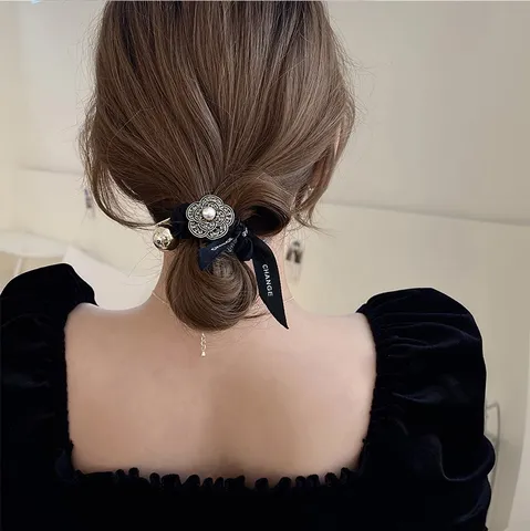 Chouchou En Tissu Élégant Vintage Camélia Strass Élastique Cheveux Noir Nœud Mode Quotidien Accessoires Cheveux Pour Femmes
