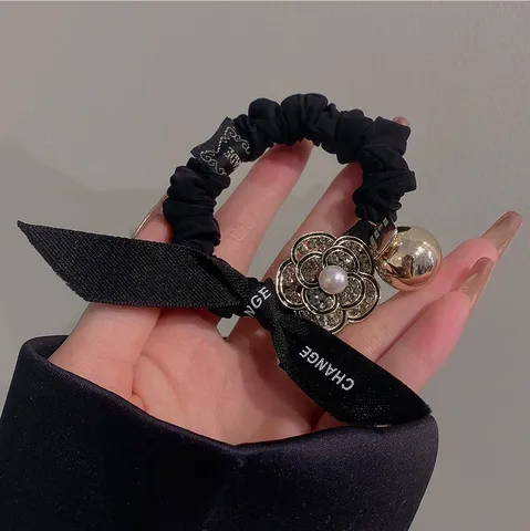 Chouchou En Tissu Élégant Vintage Camélia Strass Élastique Cheveux Noir Nœud Mode Quotidien Accessoires Cheveux Pour Femmes