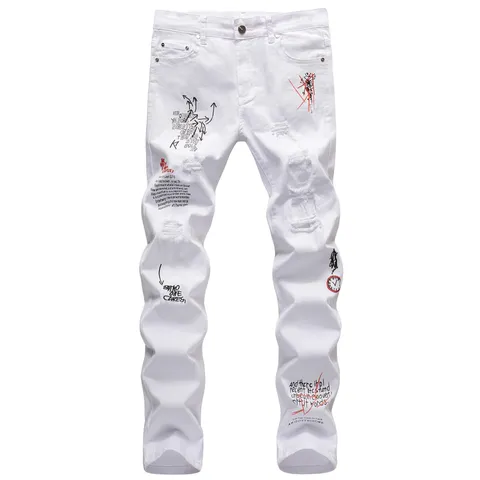 Men High Street White Ripped Embroidered Jeans Slim Fit Straight Leg Graffiti Denim Pants Distressed Fashion Hip Hop Trousers