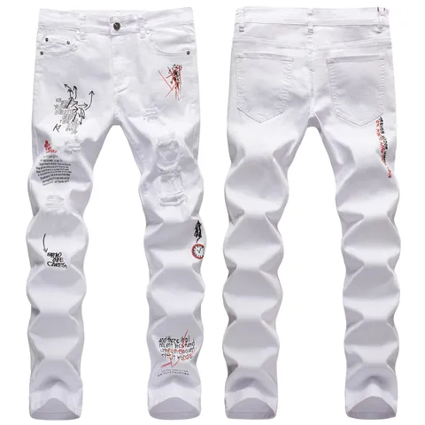 Men High Street White Ripped Embroidered Jeans Slim Fit Straight Leg Graffiti Denim Pants Distressed Fashion Hip Hop Trousers