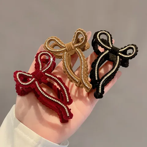 Pinza para el Pelo Retro de Terciopelo con Lazo Elegante Pinza de Garra con Strass Accesorio para el Cabello Diario para Mujer