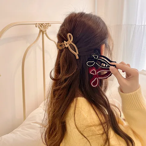 Pinza para el Pelo Retro de Terciopelo con Lazo Elegante Pinza de Garra con Strass Accesorio para el Cabello Diario para Mujer